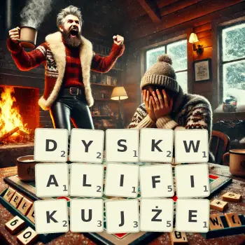 Kreatywna ilustracja do gry w Scrabble ze słowem DYSKWALIFIKUJŻE ułożonym z płytek na planszy.