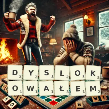 Kreatywna ilustracja do gry w Scrabble ze słowem DYSLOKOWAŁEM ułożonym z płytek na planszy.