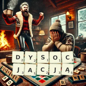 Kreatywna ilustracja do gry w Scrabble ze słowem DYSOCJACJĄ ułożonym z płytek na planszy.