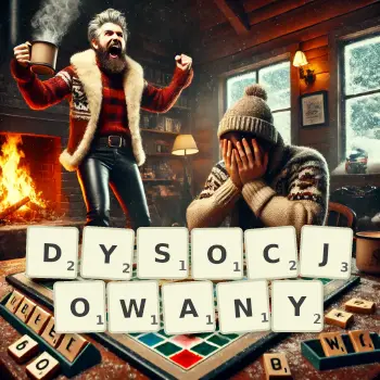 Kreatywna ilustracja do gry w Scrabble ze słowem DYSOCJOWANY ułożonym z płytek na planszy.