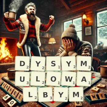 Kreatywna ilustracja do gry w Scrabble ze słowem DYSYMULOWALBYM ułożonym z płytek na planszy.