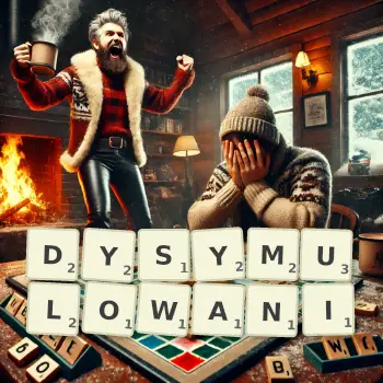 Kreatywna ilustracja do gry w Scrabble ze słowem DYSYMULOWANI ułożonym z płytek na planszy.