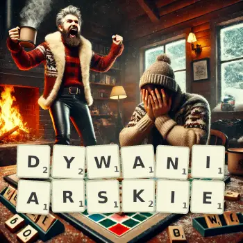 Kreatywna ilustracja do gry w Scrabble ze słowem DYWANIARSKIE ułożonym z płytek na planszy.