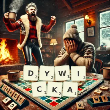 Kreatywna ilustracja do gry w Scrabble ze słowem DYWICKA ułożonym z płytek na planszy.