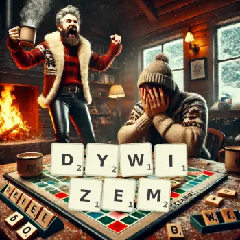 Kreatywna ilustracja do gry w Scrabble ze słowem DYWIZEM ułożonym z płytek na planszy.