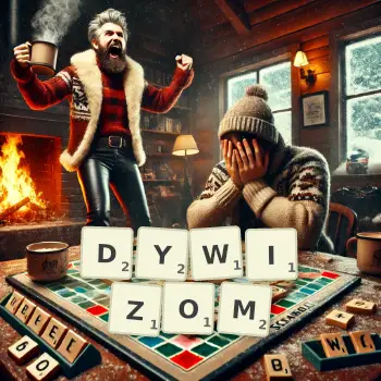 Kreatywna ilustracja do gry w Scrabble ze słowem DYWIZOM ułożonym z płytek na planszy.