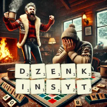 Kreatywna ilustracja do gry w Scrabble ze słowem DZENKINSYT ułożonym z płytek na planszy.