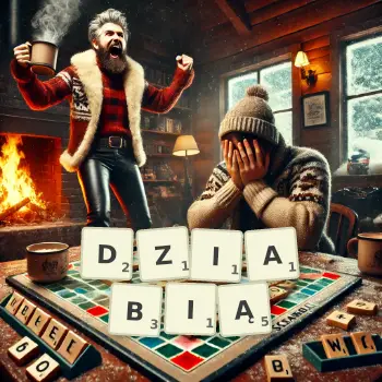 Kreatywna ilustracja do gry w Scrabble ze słowem DZIABIĄ ułożonym z płytek na planszy.