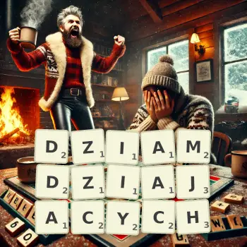 Kreatywna ilustracja do gry w Scrabble ze słowem DZIAMDZIAJACYCH ułożonym z płytek na planszy.