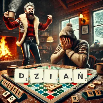 Kreatywna ilustracja do gry w Scrabble ze słowem DZIAŃ ułożonym z płytek na planszy.
