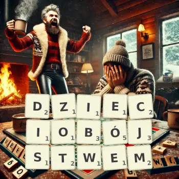 Kreatywna ilustracja do gry w Scrabble ze słowem DZIECIOBÓJSTWEM ułożonym z płytek na planszy.