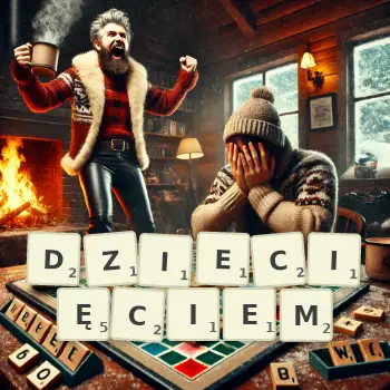 Kreatywna ilustracja do gry w Scrabble ze słowem DZIECIĘCIEM ułożonym z płytek na planszy.