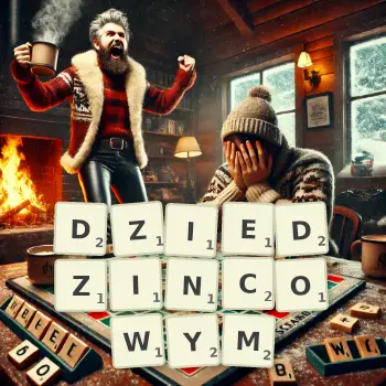 Kreatywna ilustracja do gry w Scrabble ze słowem DZIEDZINCOWYM ułożonym z płytek na planszy.