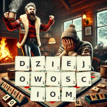 Kreatywna ilustracja do gry w Scrabble ze słowem DZIEJOWOSCIOM ułożonym z płytek na planszy.
