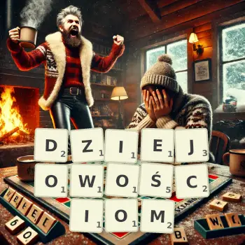 Kreatywna ilustracja do gry w Scrabble ze słowem DZIEJOWOŚCIOM ułożonym z płytek na planszy.