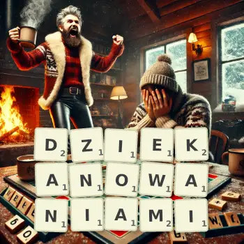 Kreatywna ilustracja do gry w Scrabble ze słowem DZIEKANOWANIAMI ułożonym z płytek na planszy.