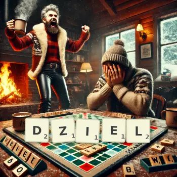Kreatywna ilustracja do gry w Scrabble ze słowem DZIEL ułożonym z płytek na planszy.