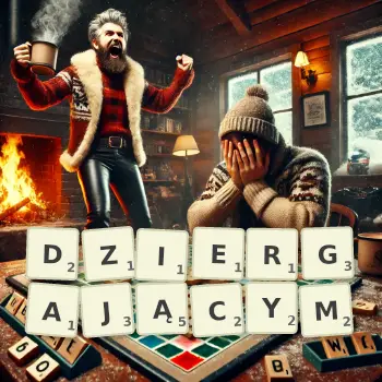 Kreatywna ilustracja do gry w Scrabble ze słowem DZIERGAJĄCYM ułożonym z płytek na planszy.