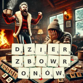 Kreatywna ilustracja do gry w Scrabble ze słowem DZIERZBOWRONÓW ułożonym z płytek na planszy.