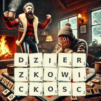 Kreatywna ilustracja do gry w Scrabble ze słowem DZIERZKOWICKOSC ułożonym z płytek na planszy.