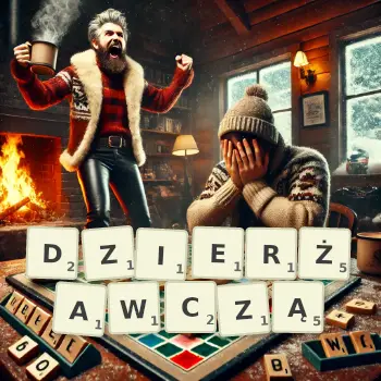 Kreatywna ilustracja do gry w Scrabble ze słowem DZIERŻAWCZĄ ułożonym z płytek na planszy.