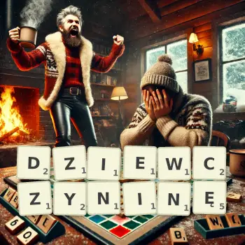 Kreatywna ilustracja do gry w Scrabble ze słowem DZIEWCZYNINĘ ułożonym z płytek na planszy.
