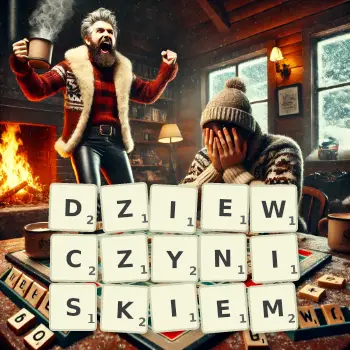 Kreatywna ilustracja do gry w Scrabble ze słowem DZIEWCZYNISKIEM ułożonym z płytek na planszy.
