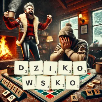Kreatywna ilustracja do gry w Scrabble ze słowem DZIKOWSKO ułożonym z płytek na planszy.