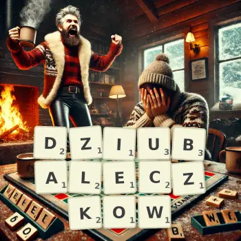 Kreatywna ilustracja do gry w Scrabble ze słowem DZIUBALECZKOW ułożonym z płytek na planszy.