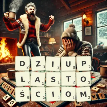 Kreatywna ilustracja do gry w Scrabble ze słowem DZIUPLASTOŚCIOM ułożonym z płytek na planszy.