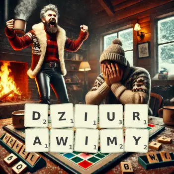 Kreatywna ilustracja do gry w Scrabble ze słowem DZIURAWIMY ułożonym z płytek na planszy.