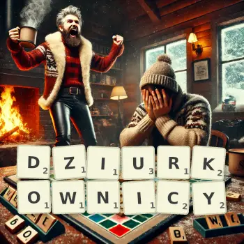 Kreatywna ilustracja do gry w Scrabble ze słowem DZIURKOWNICY ułożonym z płytek na planszy.