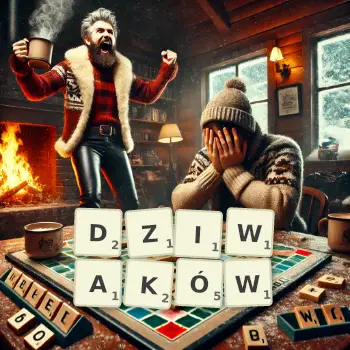Kreatywna ilustracja do gry w Scrabble ze słowem DZIWAKÓW ułożonym z płytek na planszy.