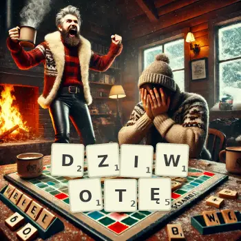 Kreatywna ilustracja do gry w Scrabble ze słowem DZIWOTĘ ułożonym z płytek na planszy.