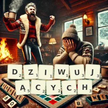 Kreatywna ilustracja do gry w Scrabble ze słowem DZIWUJĄCYCH ułożonym z płytek na planszy.