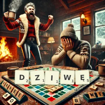 Kreatywna ilustracja do gry w Scrabble ze słowem DZIWĘ ułożonym z płytek na planszy.