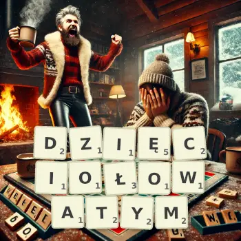 Kreatywna ilustracja do gry w Scrabble ze słowem DZIĘCIOŁOWATYM ułożonym z płytek na planszy.
