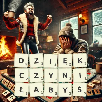 Kreatywna ilustracja do gry w Scrabble ze słowem DZIĘKCZYNIŁABYŚ ułożonym z płytek na planszy.