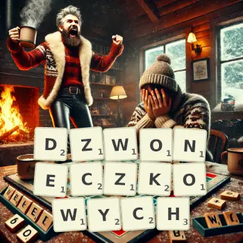 Kreatywna ilustracja do gry w Scrabble ze słowem DZWONECZKOWYCH ułożonym z płytek na planszy.