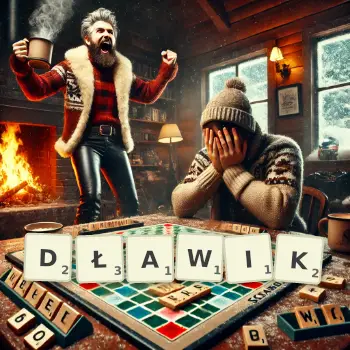 Kreatywna ilustracja do gry w Scrabble ze słowem DŁAWIK ułożonym z płytek na planszy.