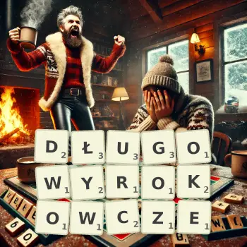 Kreatywna ilustracja do gry w Scrabble ze słowem DŁUGOWYROKOWCZE ułożonym z płytek na planszy.