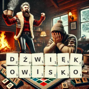 Kreatywna ilustracja do gry w Scrabble ze słowem DŹWIĘKOWISKO ułożonym z płytek na planszy.