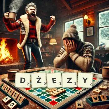 Kreatywna ilustracja do gry w Scrabble ze słowem DŻEZY ułożonym z płytek na planszy.