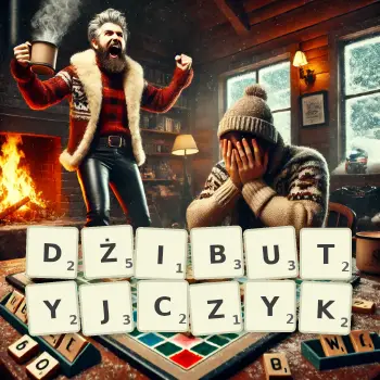 Kreatywna ilustracja do gry w Scrabble ze słowem DŻIBUTYJCZYK ułożonym z płytek na planszy.