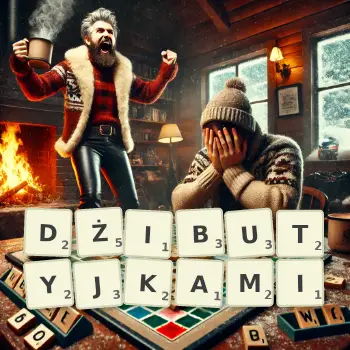 Kreatywna ilustracja do gry w Scrabble ze słowem DŻIBUTYJKAMI ułożonym z płytek na planszy.