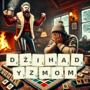 Kreatywna ilustracja do gry w Scrabble ze słowem DŻIHADYZMOM ułożonym z płytek na planszy.