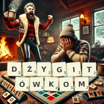 Kreatywna ilustracja do gry w Scrabble ze słowem DŻYGITÓWKOM ułożonym z płytek na planszy.