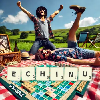 Kreatywna ilustracja do gry w Scrabble ze słowem ECHINU ułożonym z płytek na planszy.