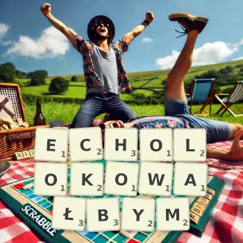 Kreatywna ilustracja do gry w Scrabble ze słowem ECHOLOKOWAŁBYM ułożonym z płytek na planszy.