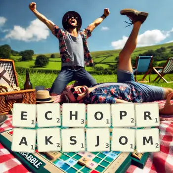 Kreatywna ilustracja do gry w Scrabble ze słowem ECHOPRAKSJOM ułożonym z płytek na planszy.